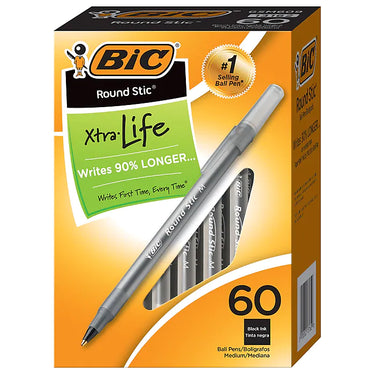 BIC Round Stic Xtra-Life Ballpoint Pen, Medium Point, Black Ink, 60/Pack (GSM609-BLK)